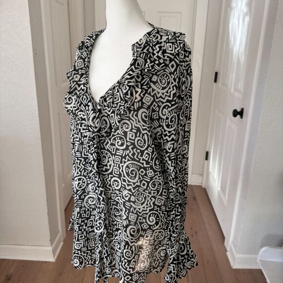 Vtg Chico's DESIGN 100% Silk Crinkle Top Blouse Sz 1 M Black White‎ Ruffle Tunic - Picture 3 of 11